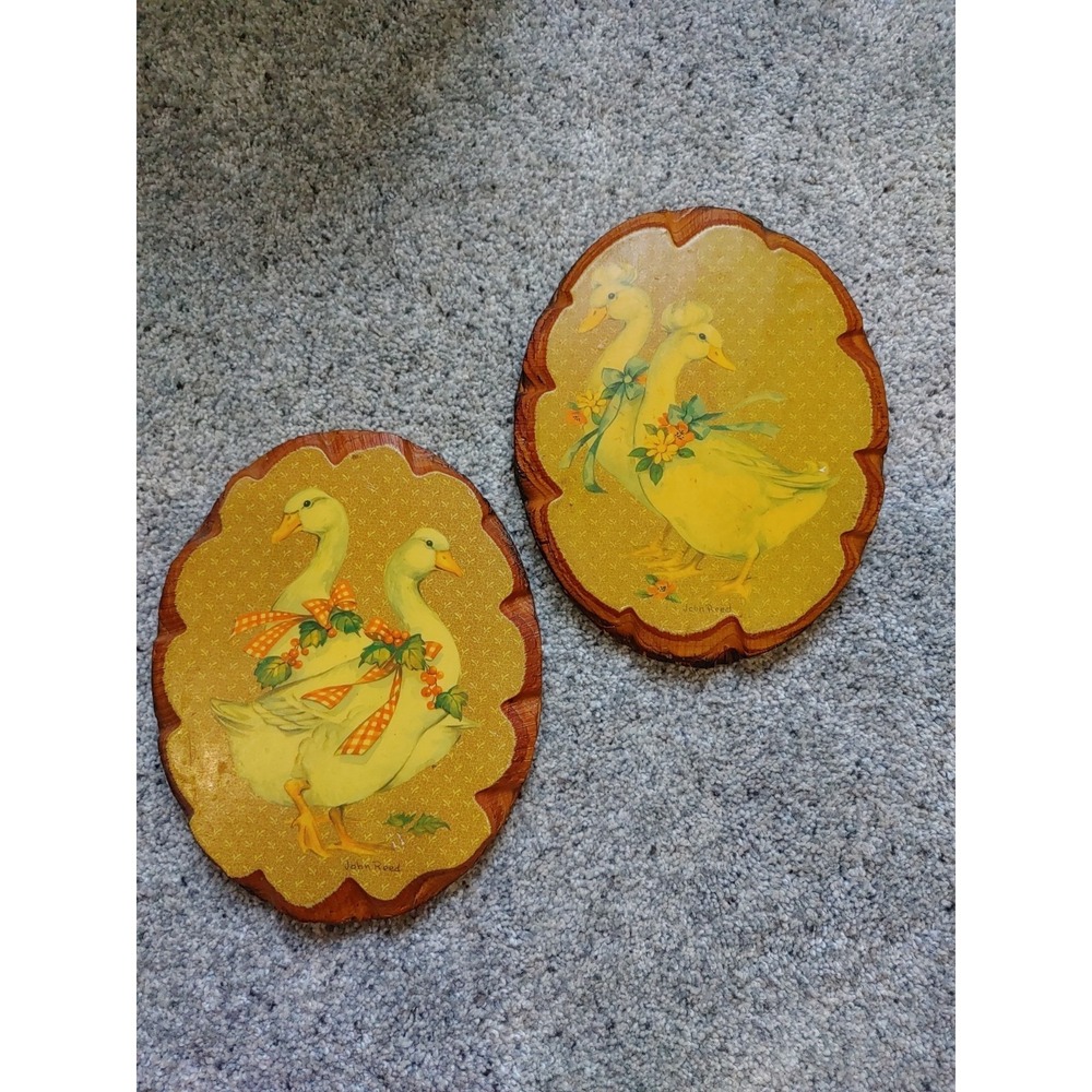 Set Of 2 70s Vintage Decoupage Wood Plaque featuring Mallard Duck Geese Decor